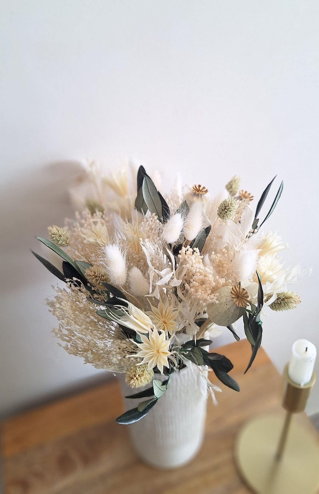 Bouquet fleurs séchées et stabilisées vert et blanc - livraison france