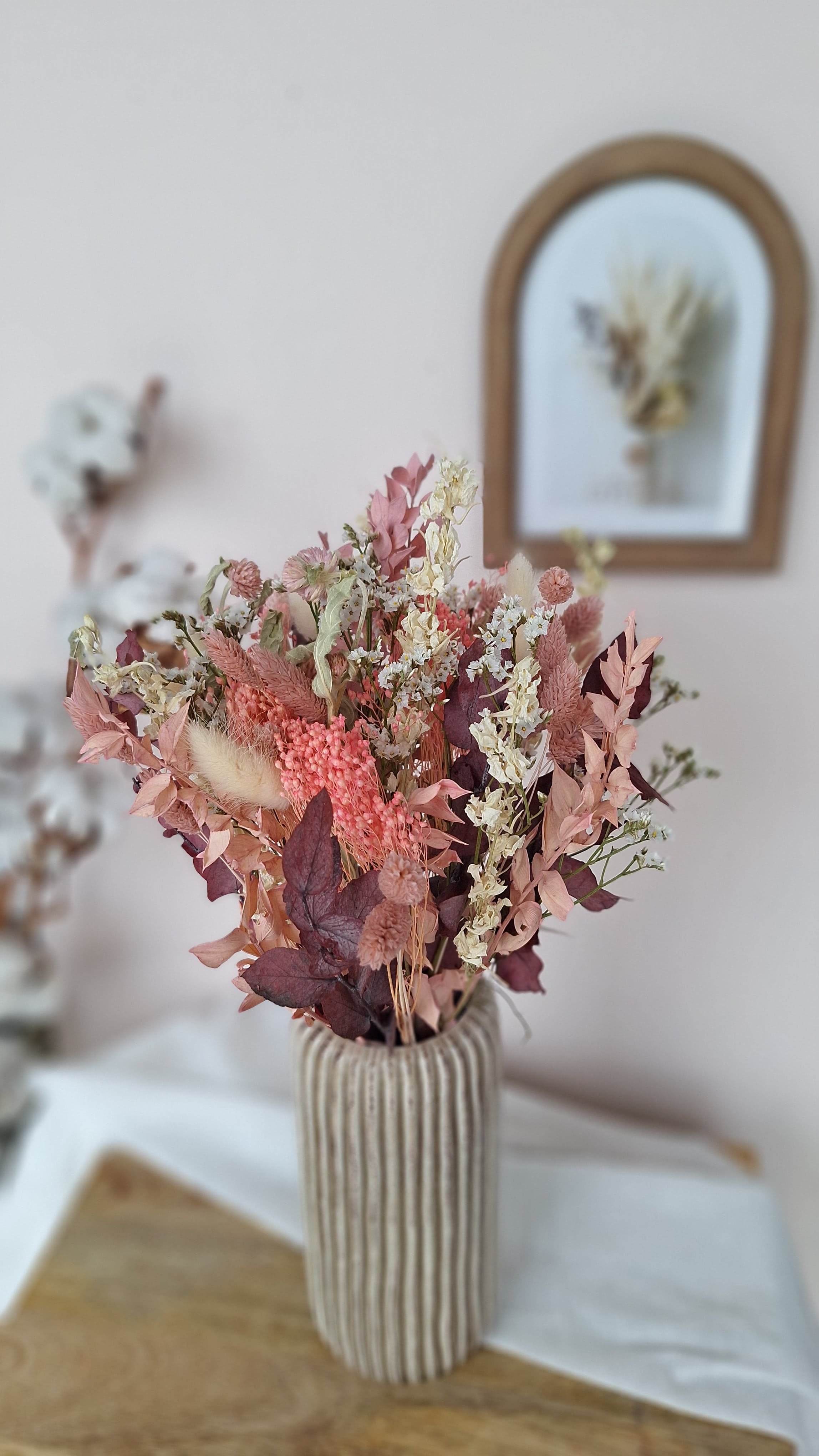Bouquet fleurs séchées  champêtre vieux rose et blanc - livraison France - Maison Marceline