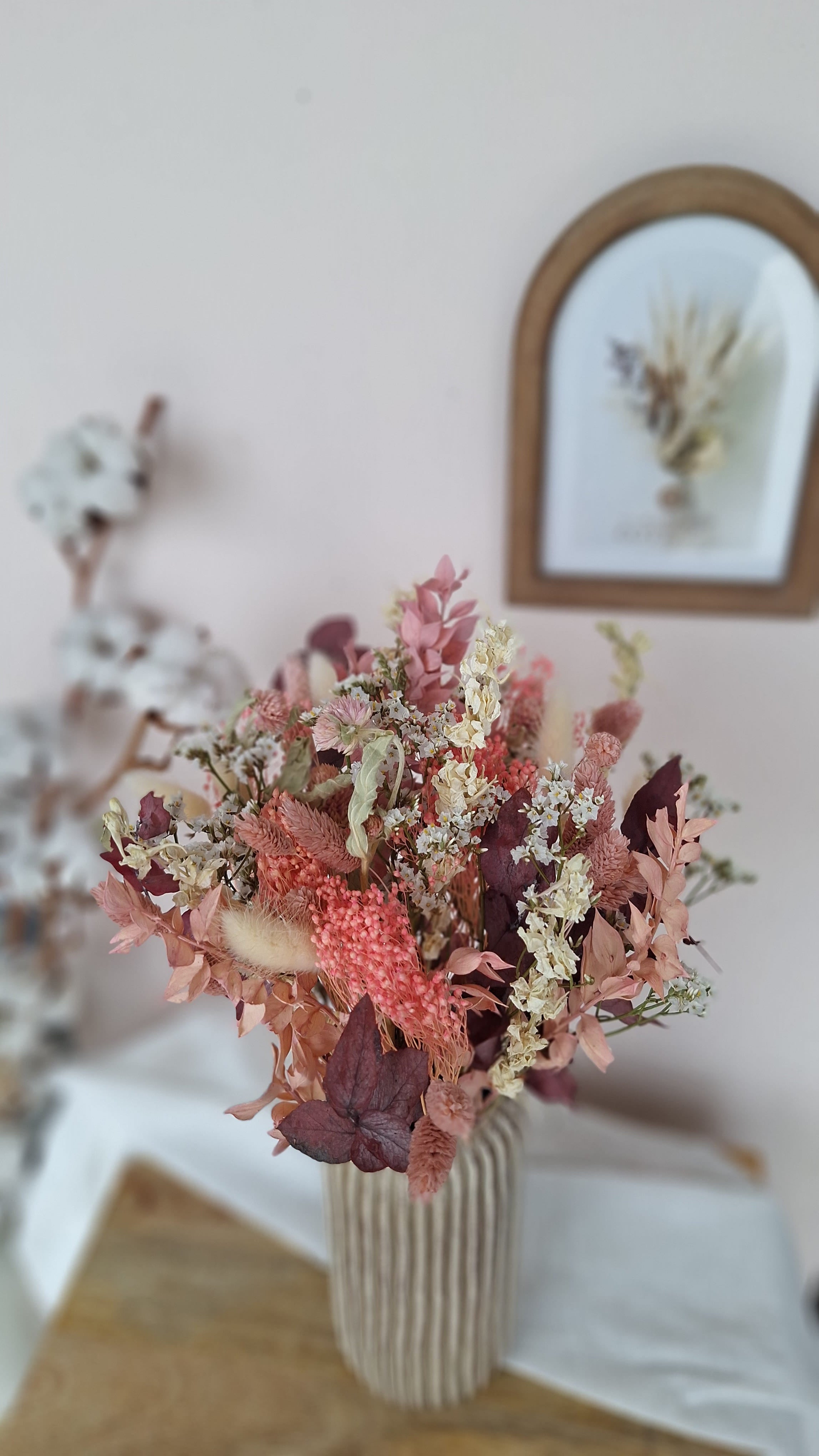 Bouquet fleurs séchées  champêtre vieux rose et blanc - livraison France - Maison Marceline