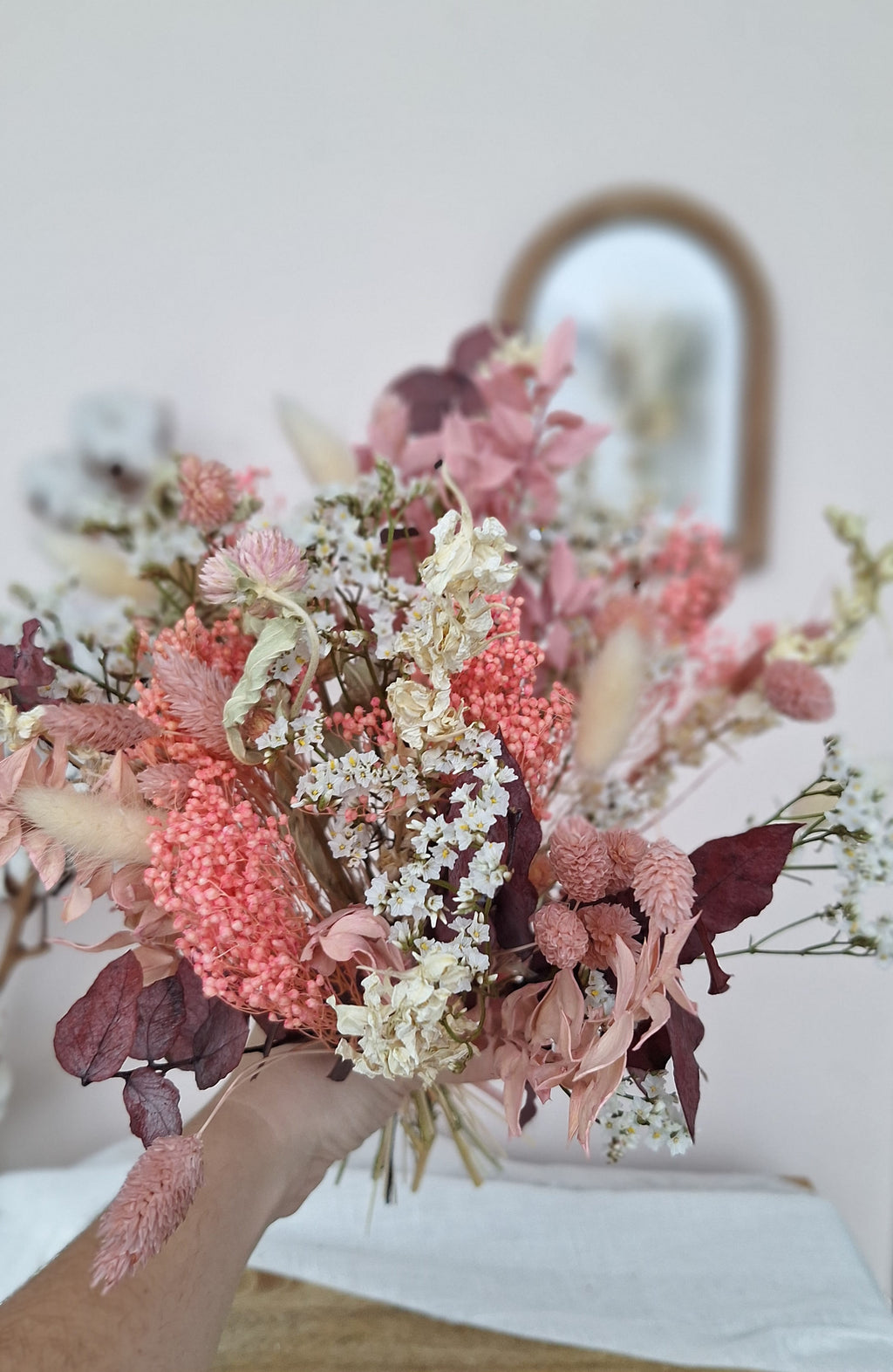 Bouquet fleurs séchées  champêtre vieux rose et blanc - livraison France - Maison Marceline