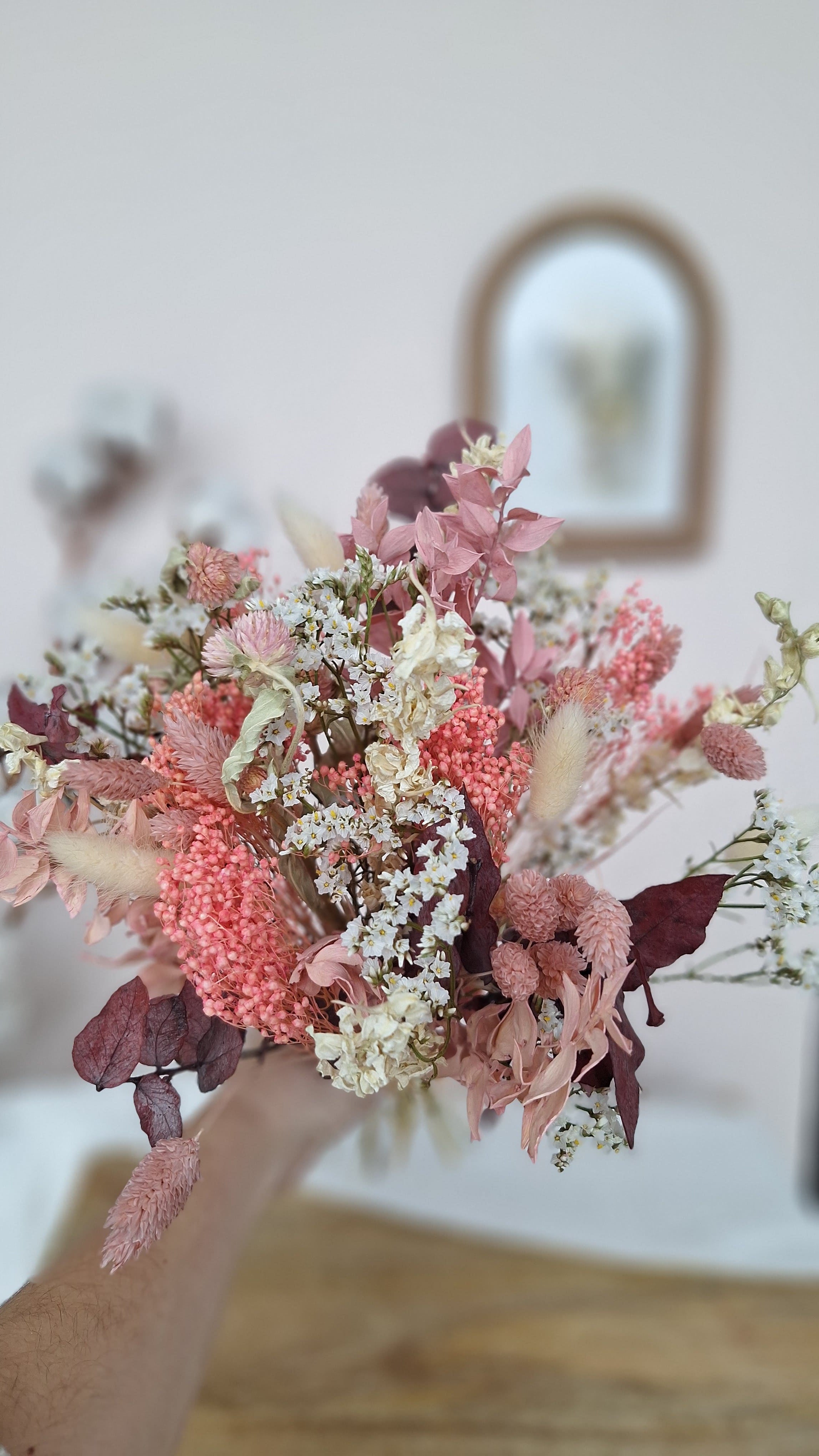 Bouquet fleurs séchées  champêtre vieux rose et blanc - livraison France - Maison Marceline