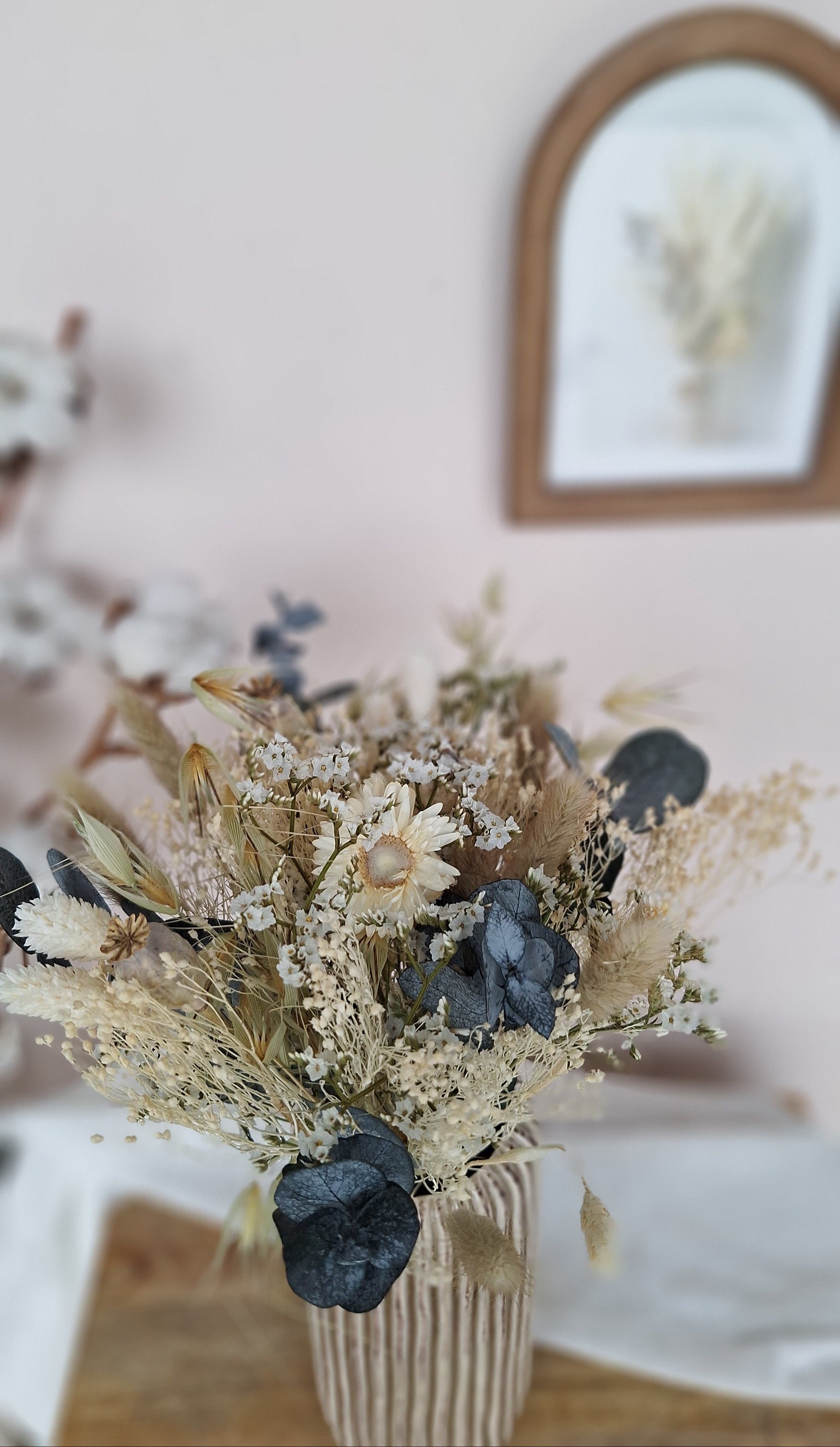 Bouquet fleurs séchées  champêtre bohème blanc beige vert et bleuté - livraison France - Maison Marceline