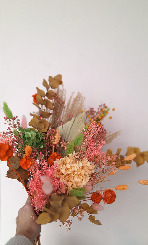 Bouquet de fleurs séchées et stabilisé - coloré- pêche orange vert et rose - bouquet printanier - livraison en France