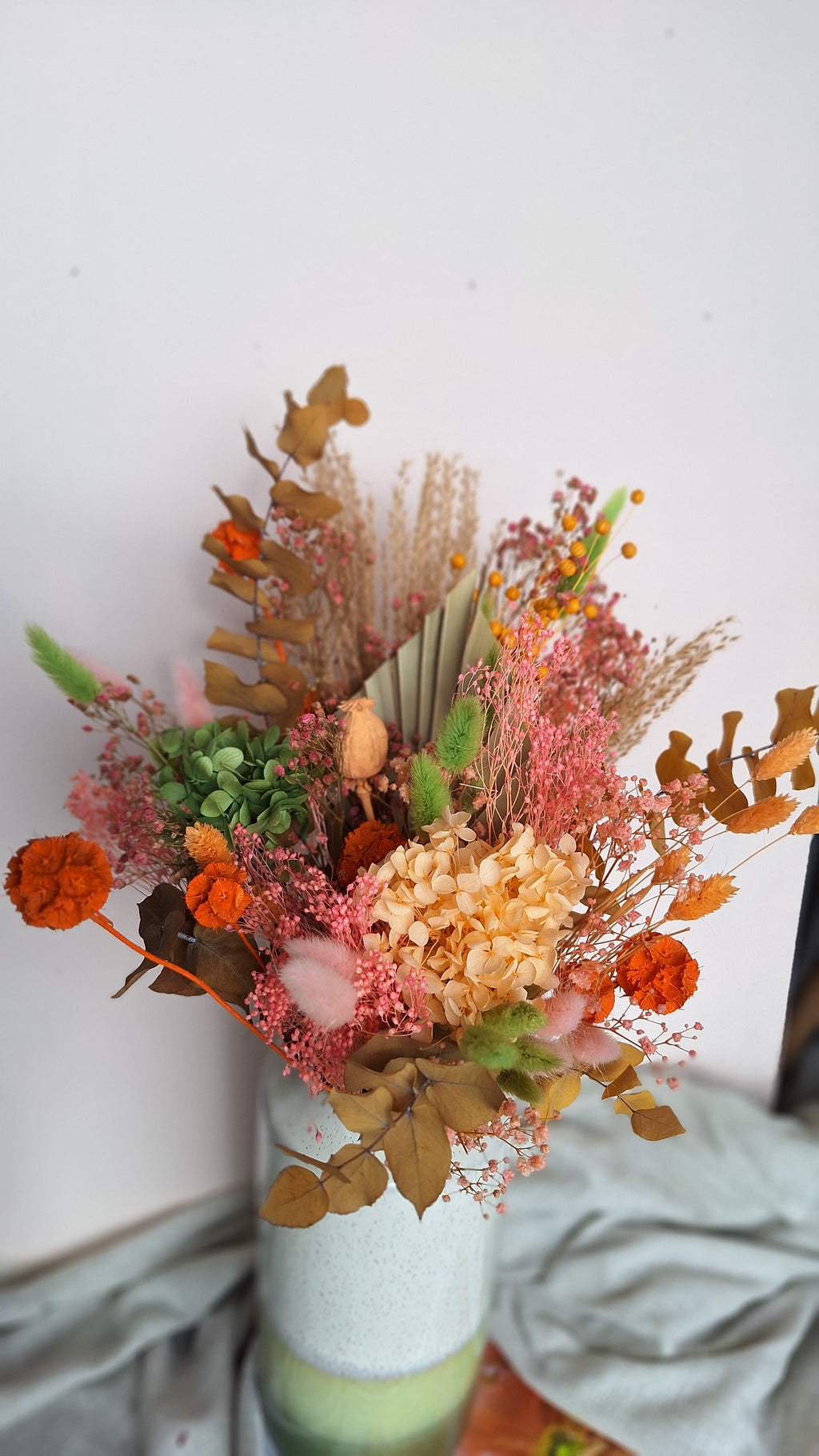 Bouquet de fleurs séchées et stabilisé - coloré- pêche orange vert et rose - bouquet printanier - livraison en France