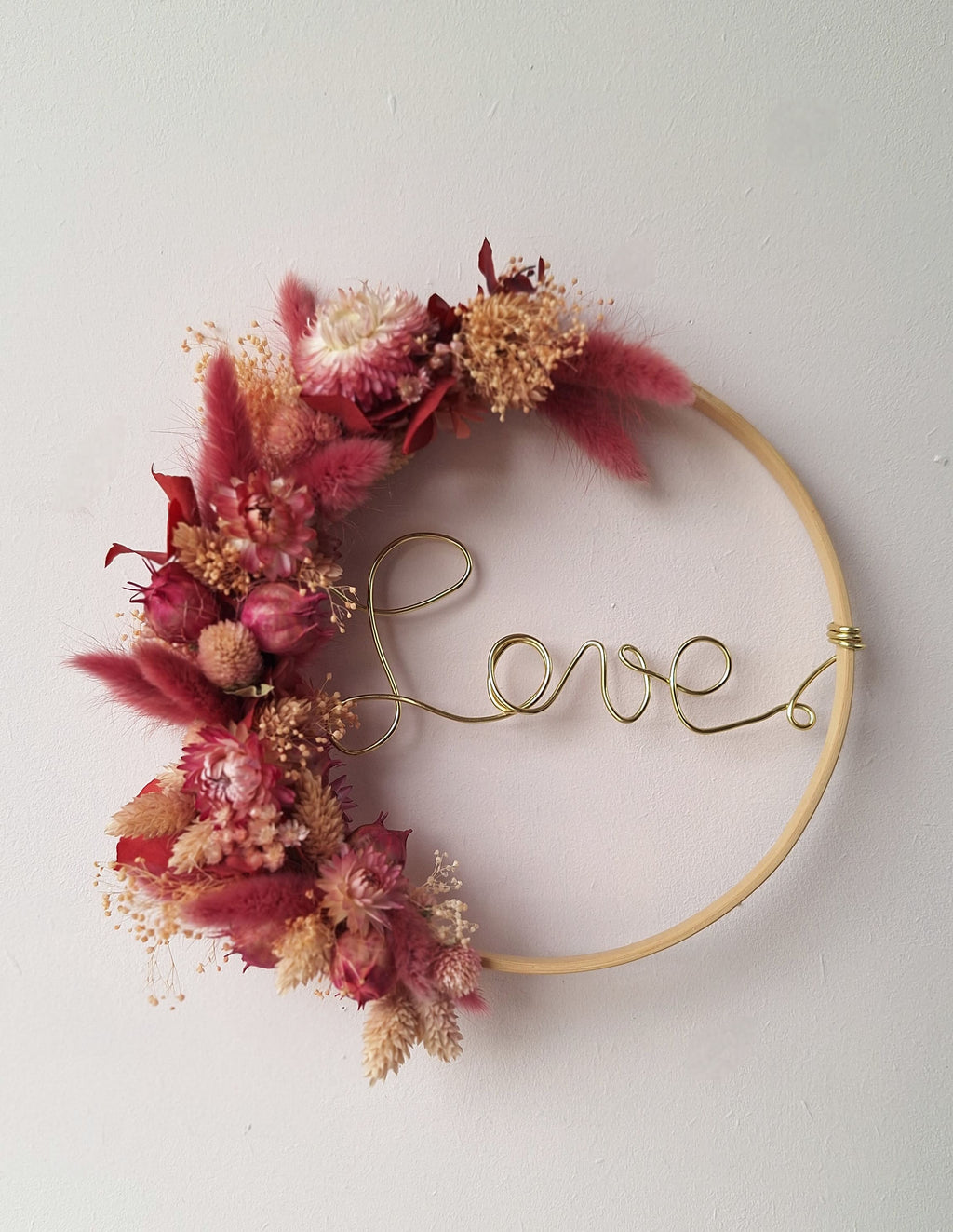 Couronne de fleurs séchées rose - Love - idée cadeau saint valentin