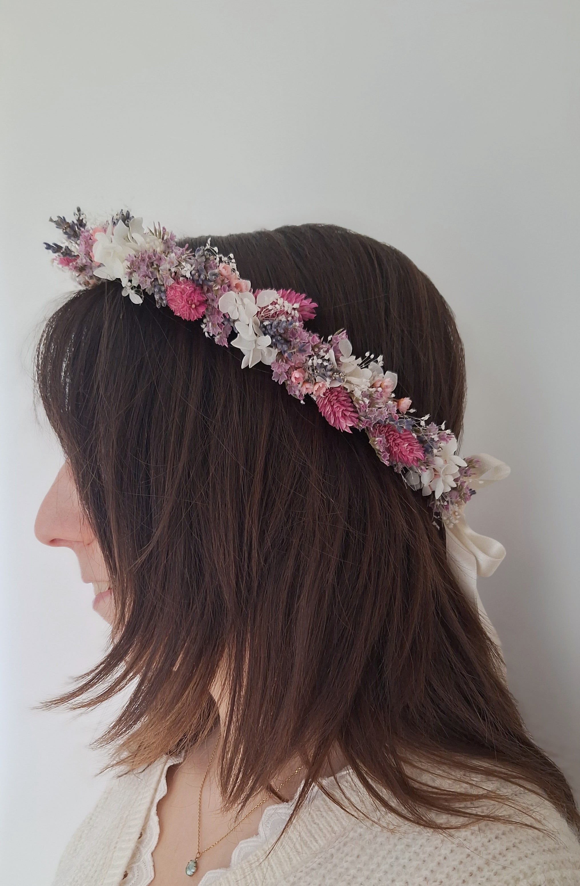 Couronne de tête en fleurs séchées blanc rose et bleu - mariage 