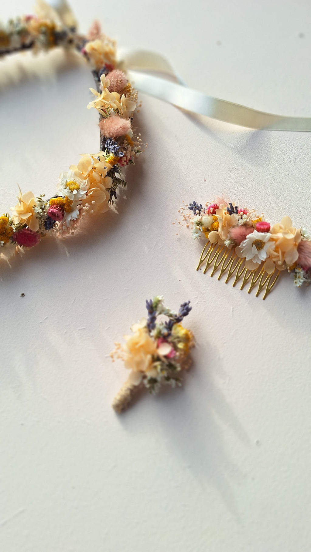 Couronne de tête en fleurs séchées rose pêche et lavande- mariage 