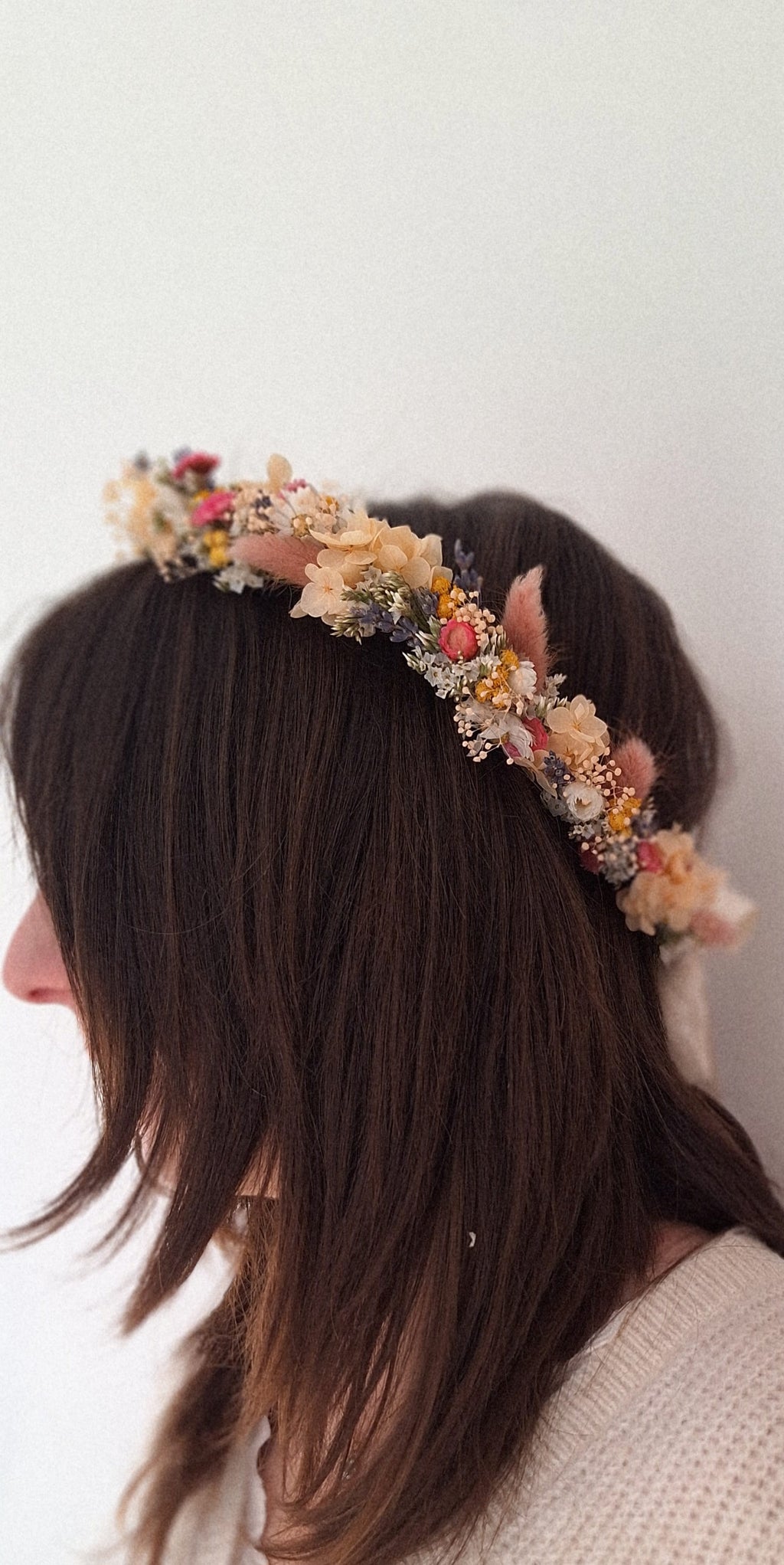 Couronne de tête en fleurs séchées rose pêche et lavande- mariage 