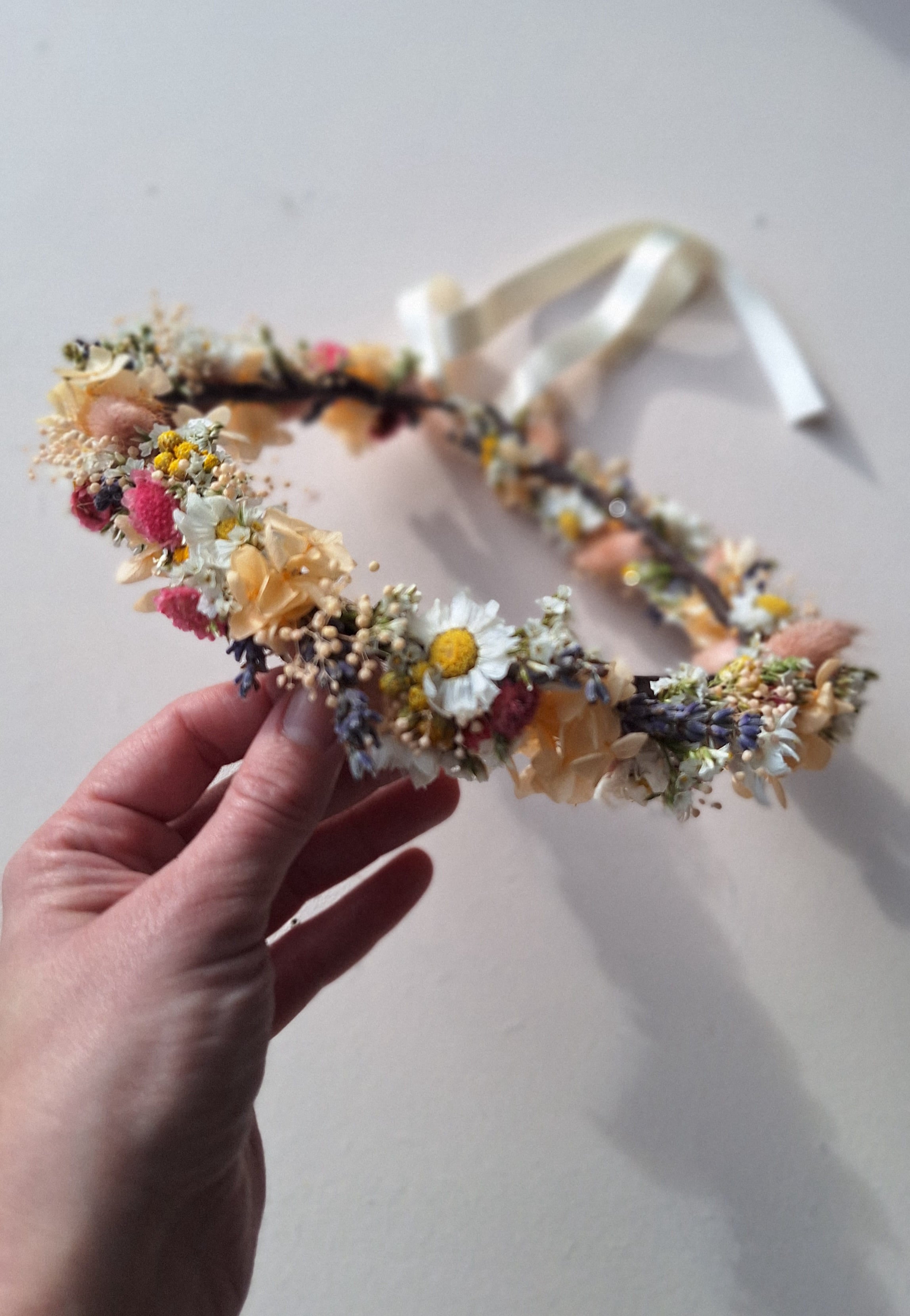 Couronne de tête en fleurs séchées rose pêche et lavande- mariage 