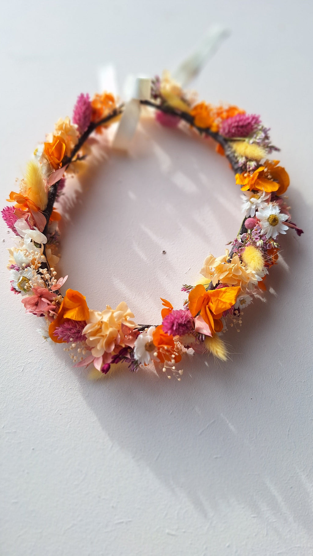 Couronne de tête en fleurs séchées rose pêche orange jaune et blanc- mariage 