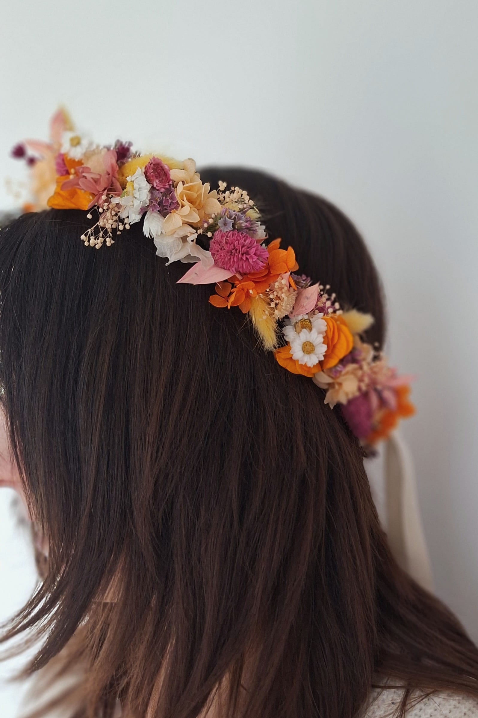 Couronne de tête en fleurs séchées rose pêche orange jaune et blanc- mariage 