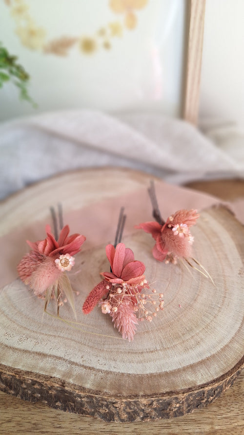 pics à cheveux fleurs séchées et stabilisées, vieux rose, rose et blanc doux et poétique - Livraison france - fleuriste le perche