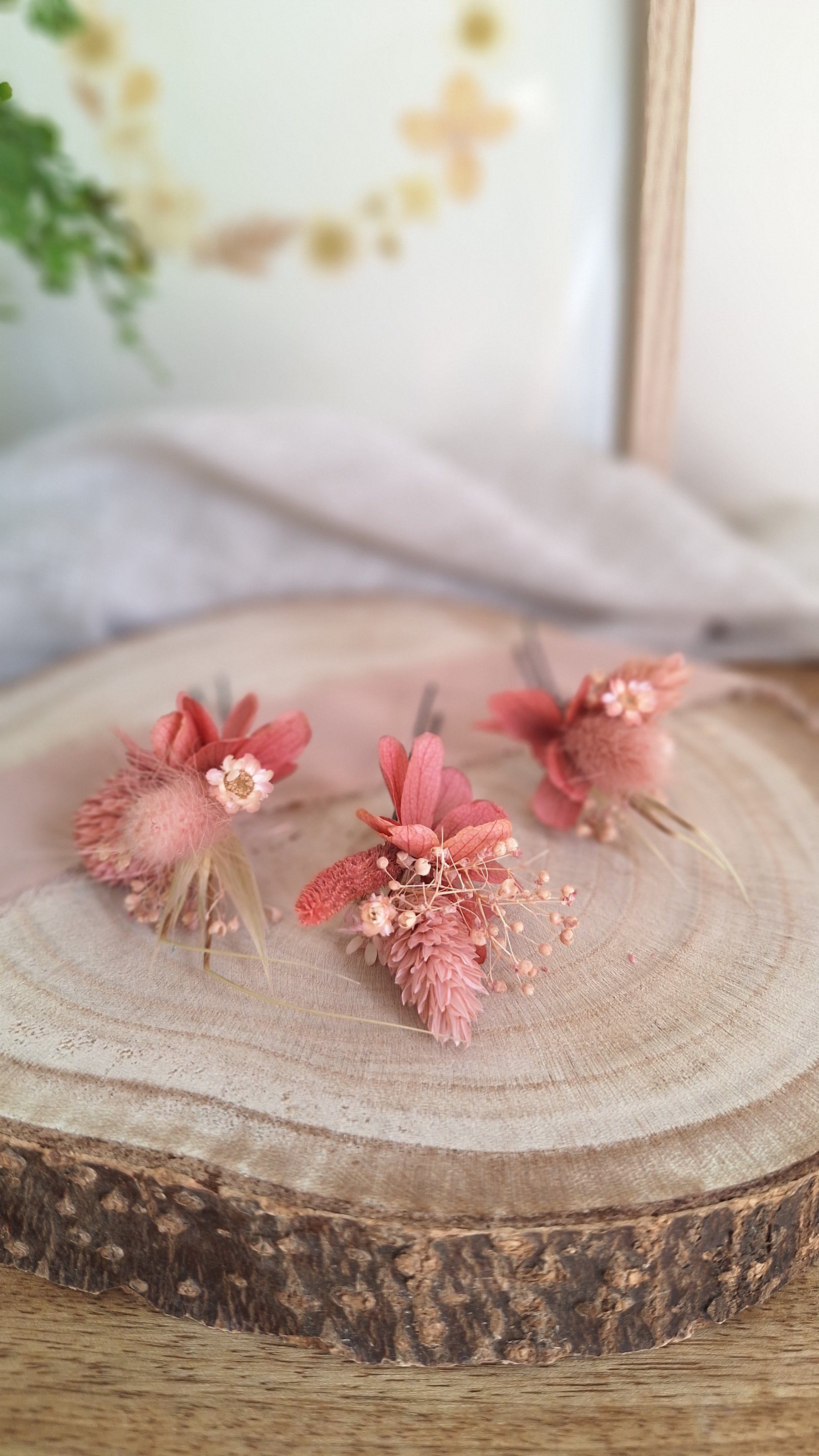 pics à cheveux fleurs séchées et stabilisées, vieux rose, rose et blanc doux et poétique - Livraison france - fleuriste le perche