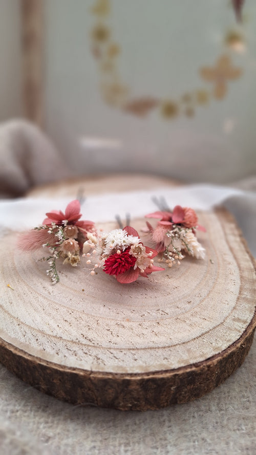 Petit peigne en fleurs séchées et stabilisées, vieux rose, rose et blanc doux et poétique - Livraison france - fleuriste le perche