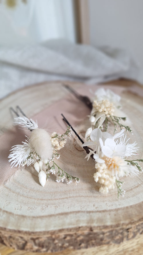 Epingle à chignon fleurie blanc hortensia stabilisé durable - Fleuriste Eure et Loir, fleuriste orne, Fleuriste le perche, Fleuriste Bretoncelles