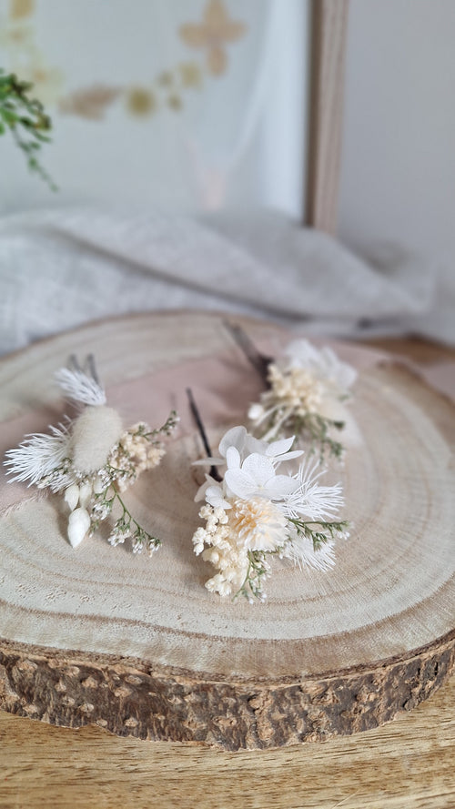Epingle à chignon fleurie blanc hortensia stabilisé durable - Fleuriste Eure et Loir, fleuriste orne, Fleuriste le perche, Fleuriste Bretoncelles