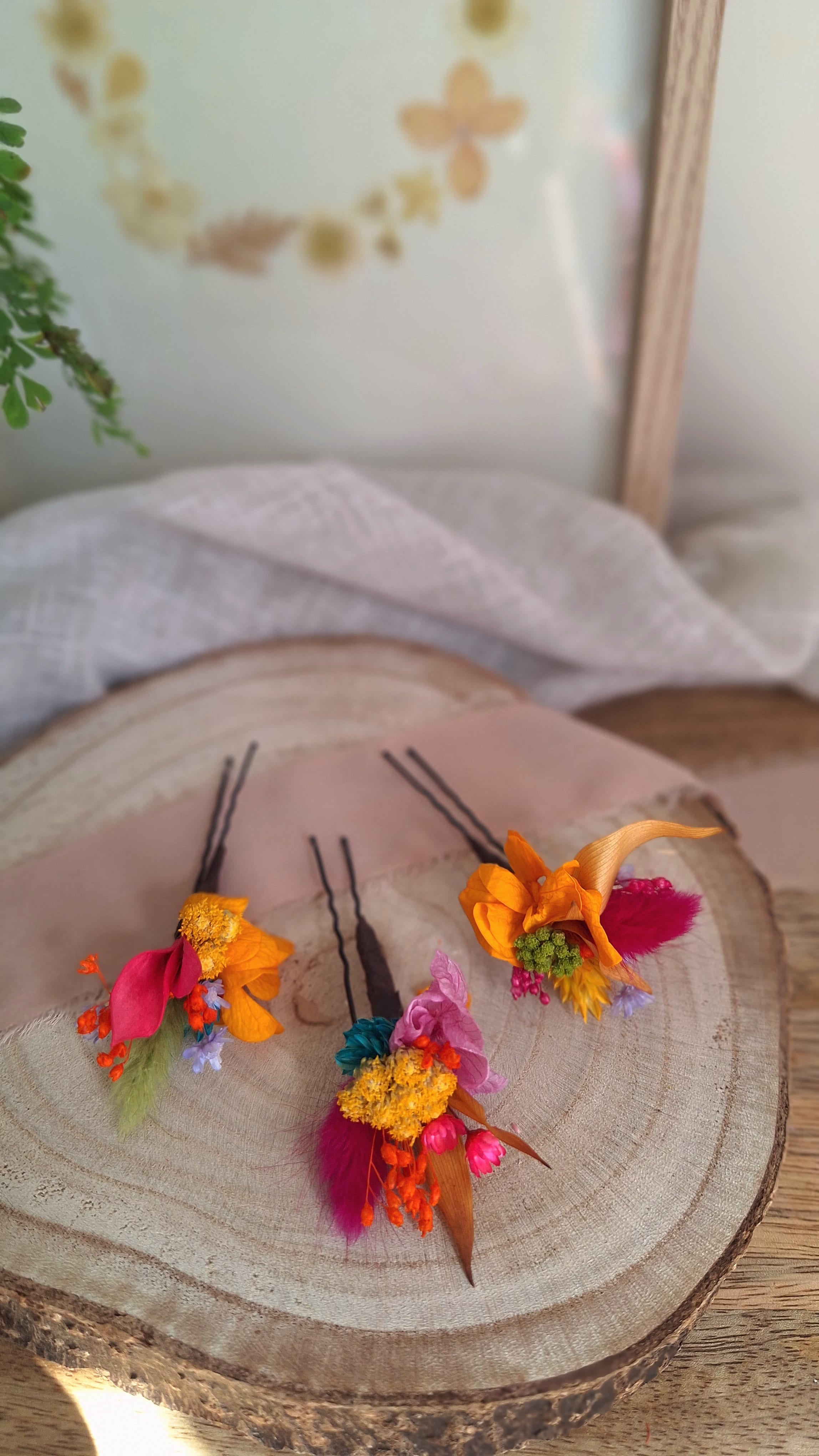 3 Pics à cheveux en fleurs séchées et stabilisée - Multicolore