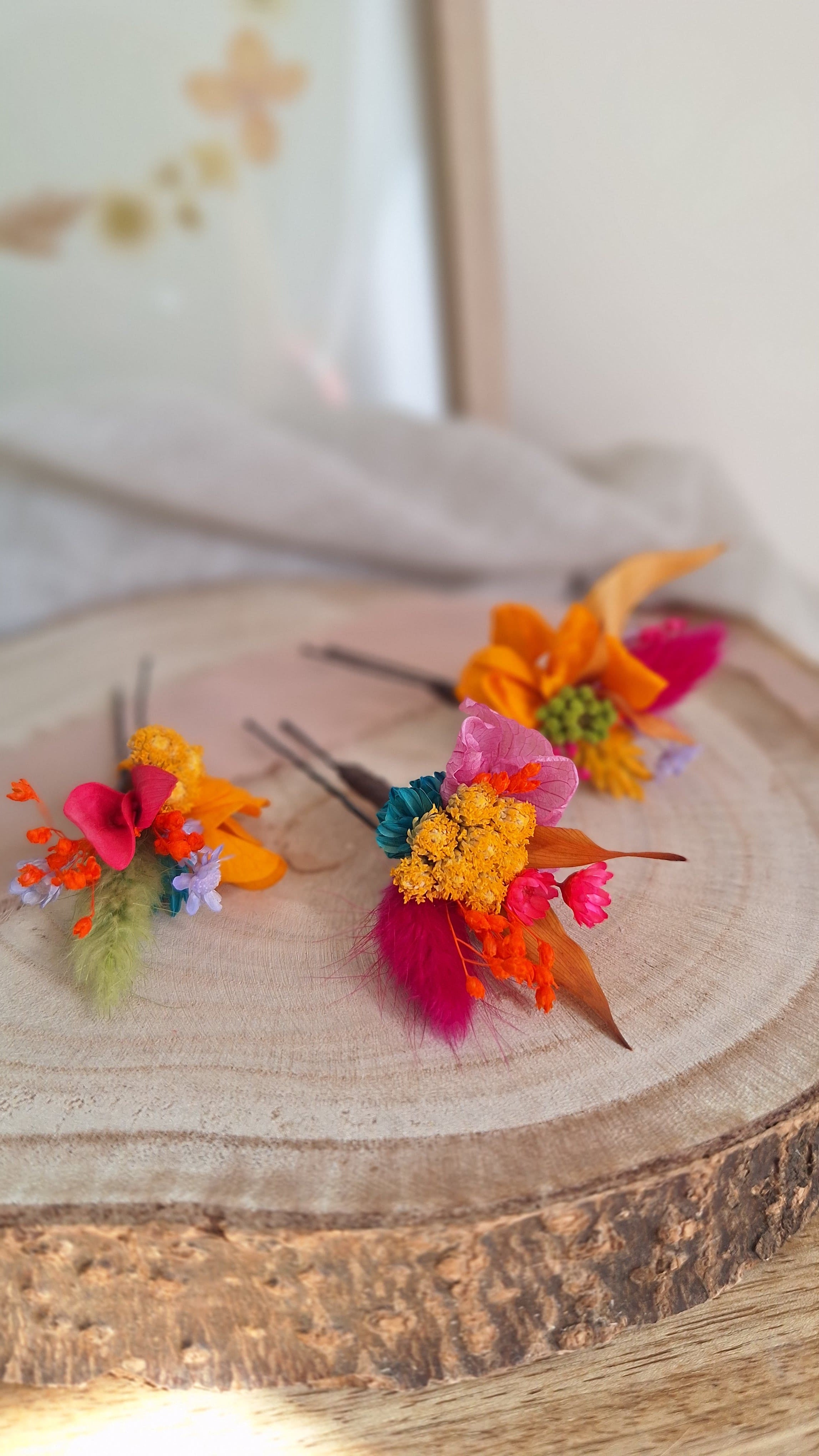 3 Pics à cheveux en fleurs séchées et stabilisée - Multicolore