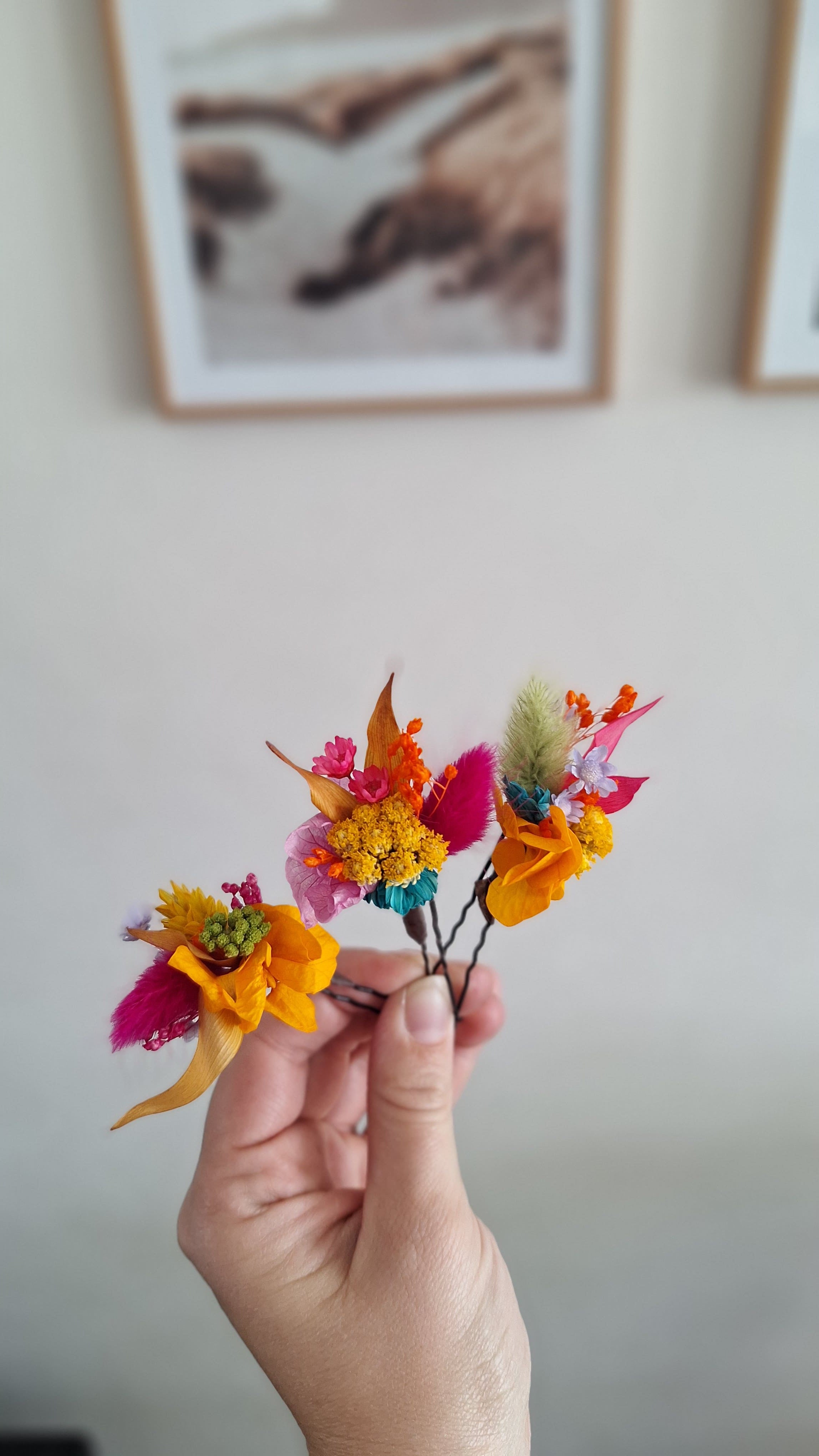 3 Pics à cheveux en fleurs séchées et stabilisée - Multicolore