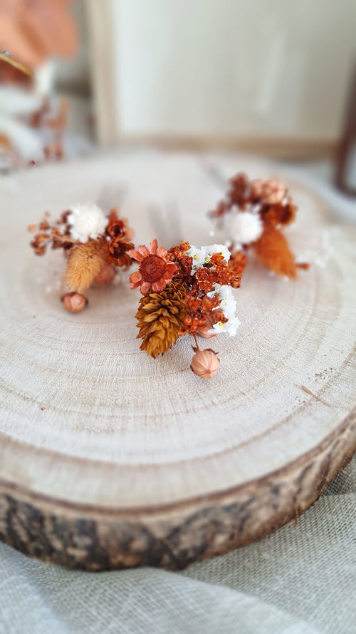 Pics à cheveux en fleurs séchées bohème terracotta- Fleuriste Eure et Loir - Fleuriste Bretoncelles - Fleuriste Le Perche - Livraison France