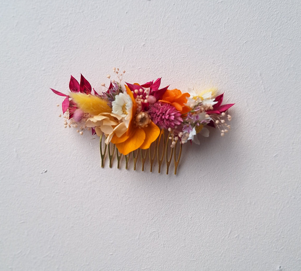Peigne en fleurs séchées coloré rose orange jaune - mariage