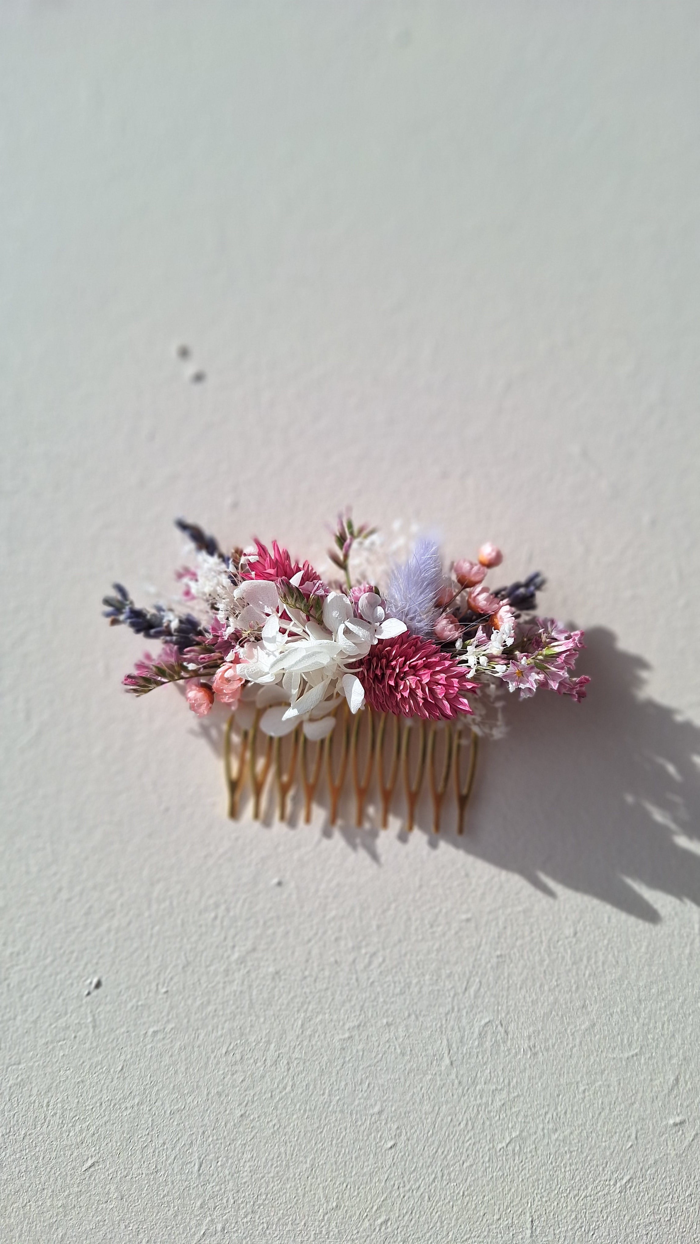 Peigne en fleurs séchées rose blanc et lavande- mariage