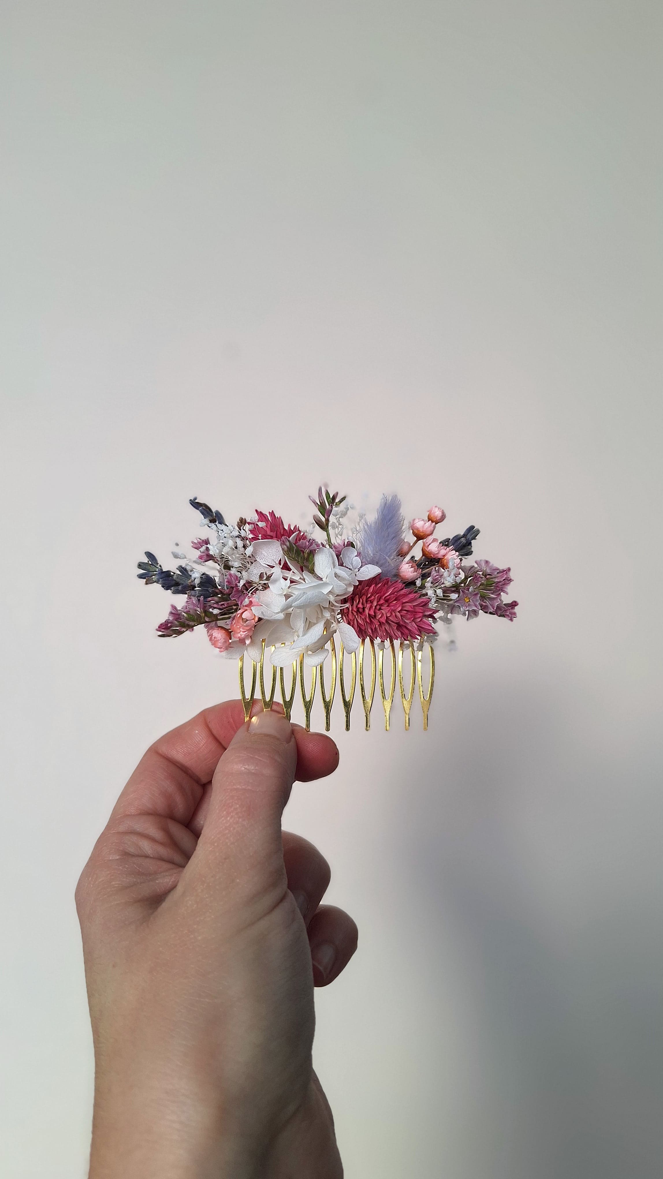 Peigne en fleurs séchées rose blanc et lavande- mariage
