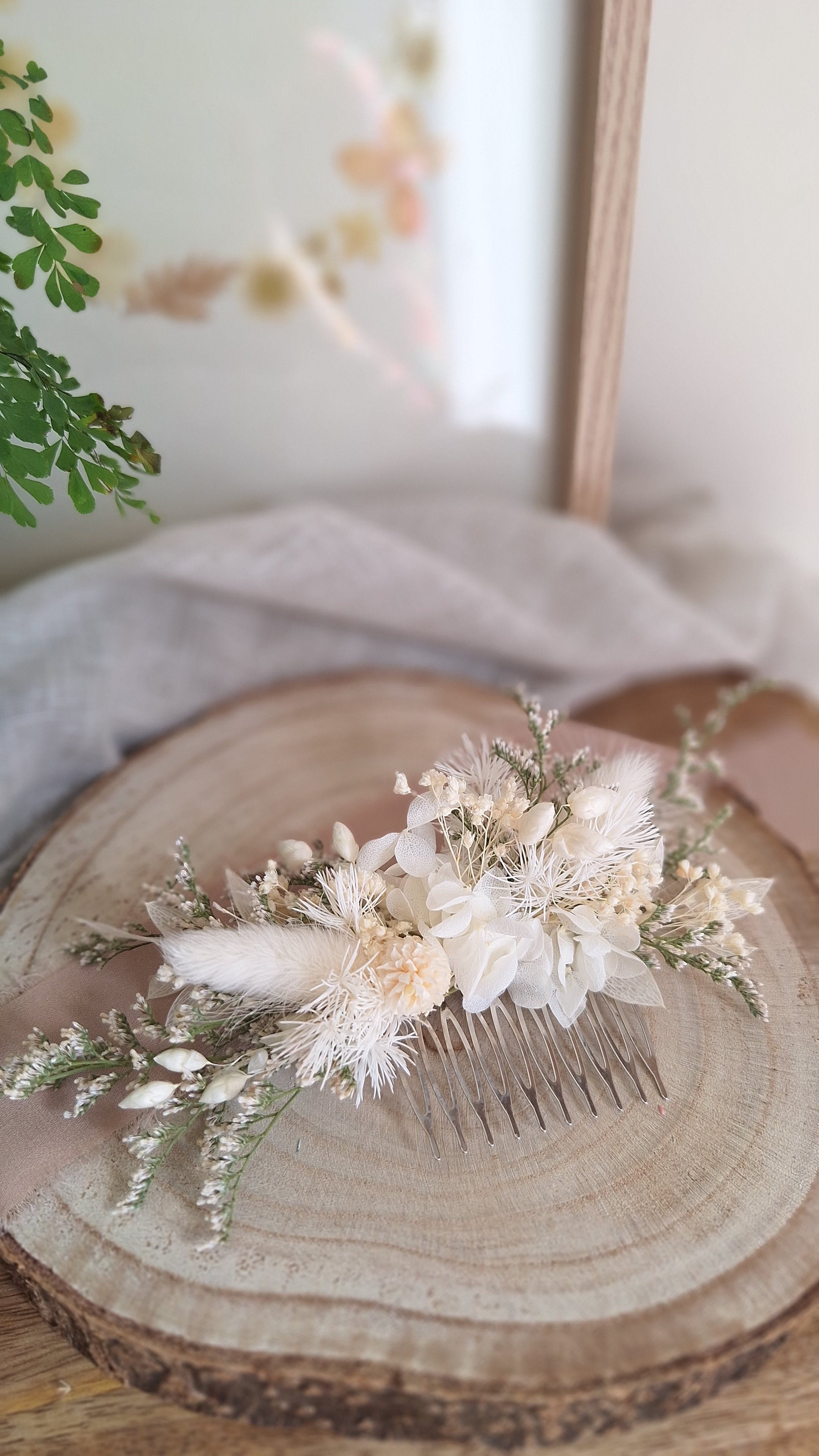 Peigne en fleurs séchées blanches - mariage - livraison france