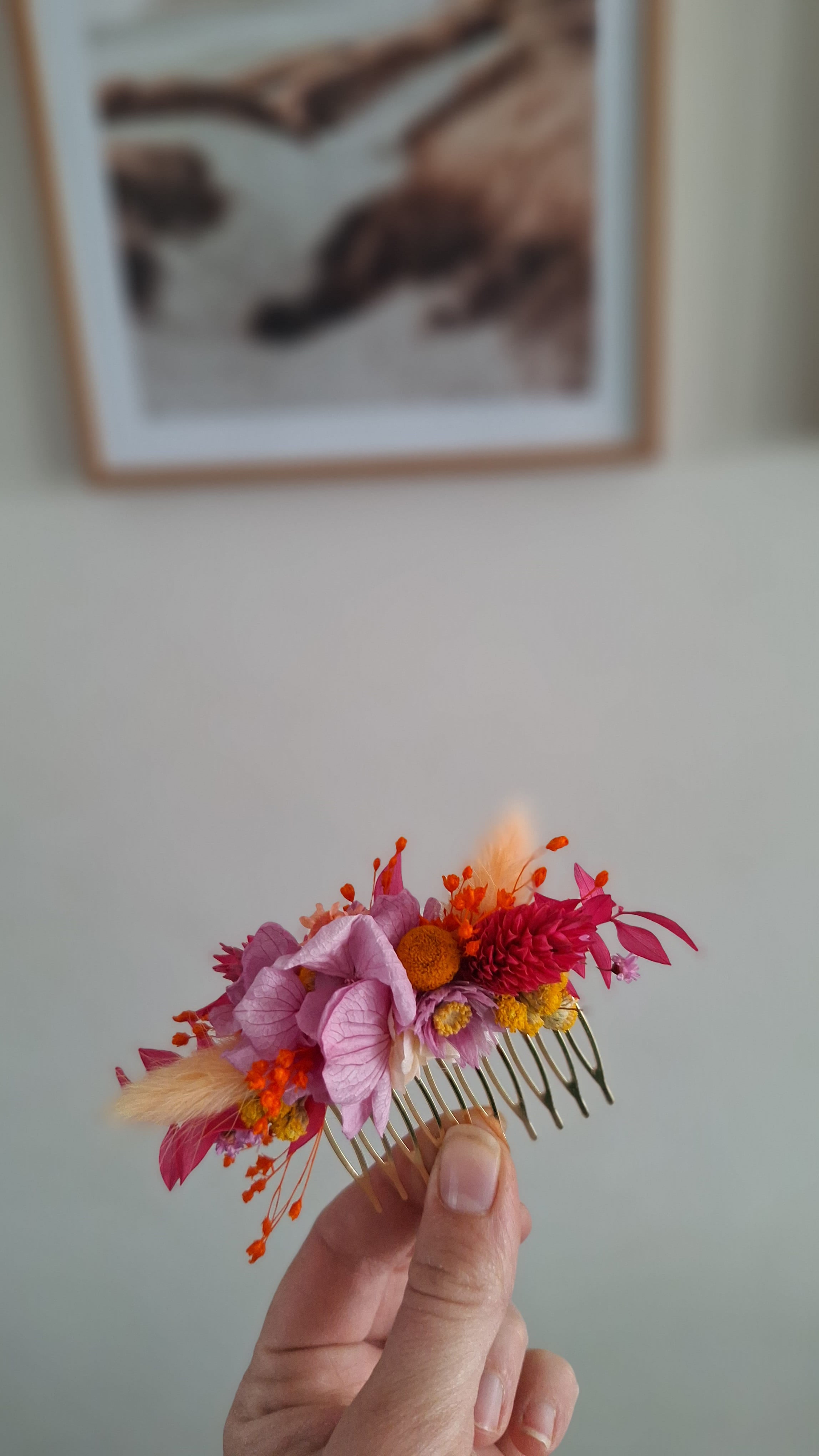 Peigne coloré en fleurs séchées durable - Fleuriste Eure et Loir, fleuriste orne, Fleuriste le perche, Fleuriste Bretoncelles