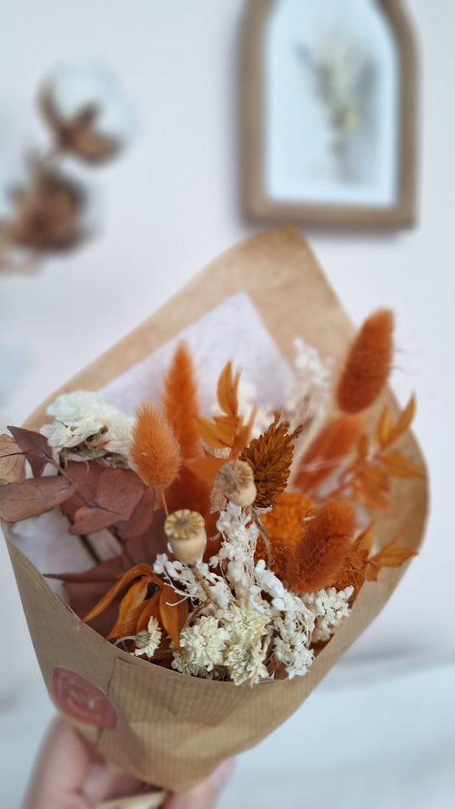 Petit bouquet fleurs séchées  champêtre bohème terracotta et blanc - adapté à un soliflore - livraison France - Maison Marceline