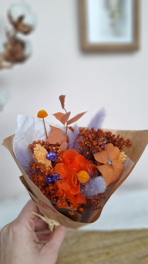 Petit bouquet fleurs séchées  champêtre bohème terracotta orange et bleu- adapté à un soliflore - livraison France - Maison Marceline