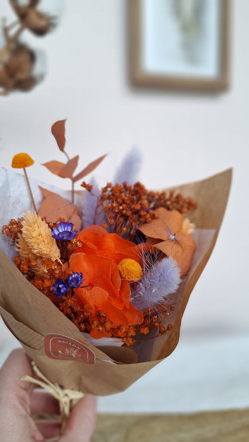 Petit bouquet fleurs séchées  champêtre bohème terracotta orange et bleu- adapté à un soliflore - livraison France - Maison Marceline