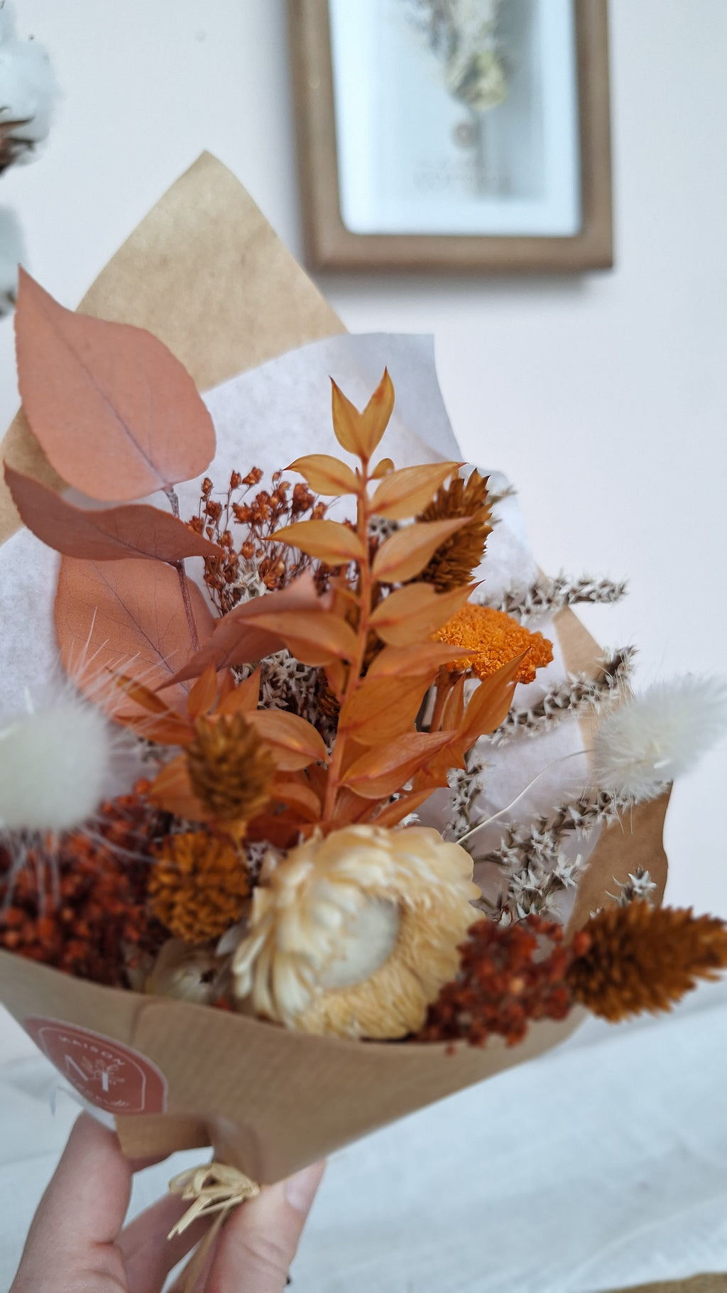 Petit bouquet fleurs séchées  champêtre bohème terracotta et blanc - adapté à un soliflore - livraison France - Maison Marceline