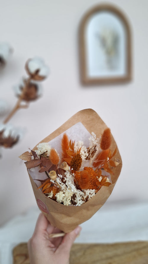 Petit bouquet fleurs séchées  champêtre bohème terracotta et blanc - adapté à un soliflore - livraison France - Maison Marceline