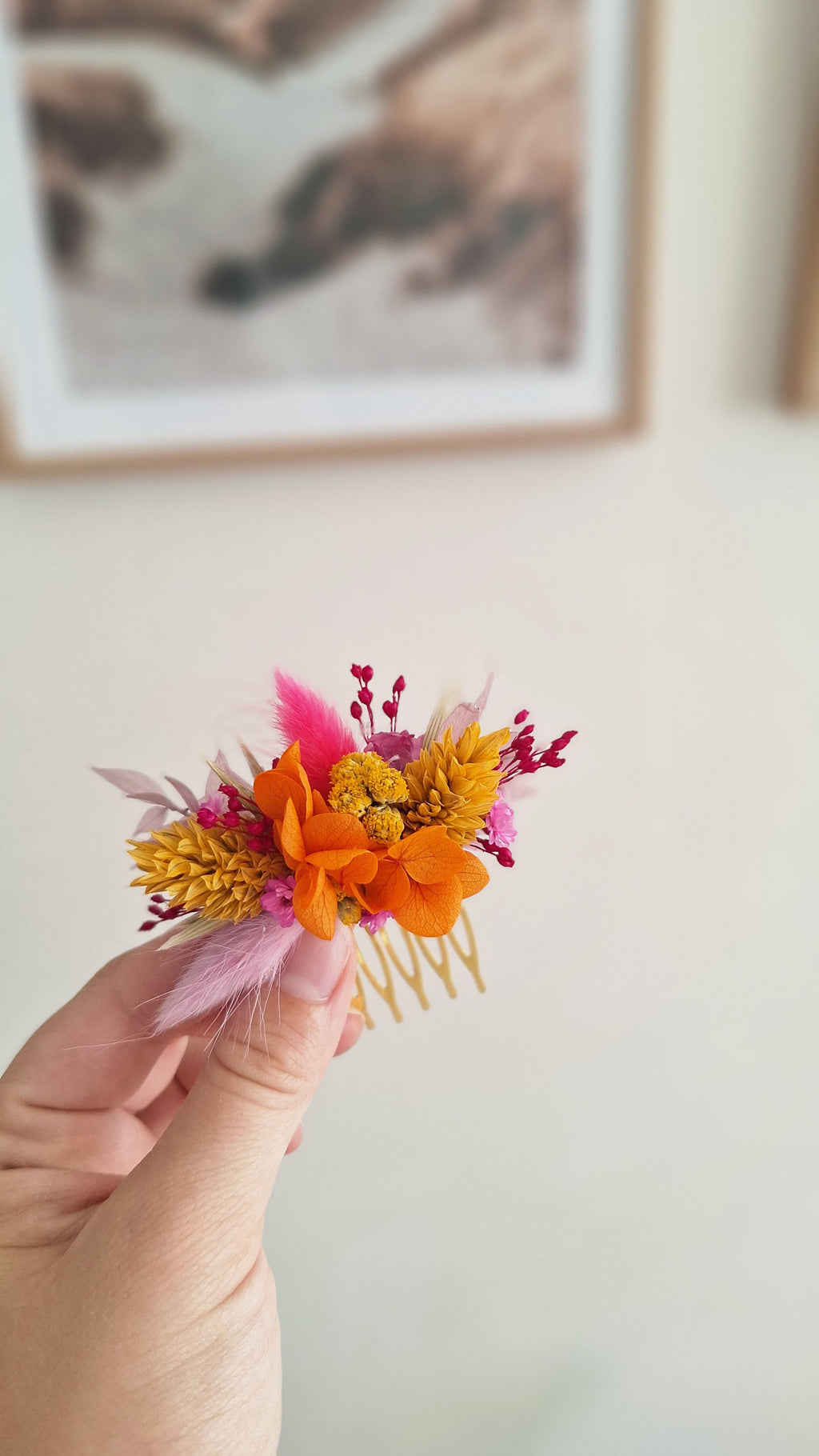 Petit peigne pour coiffure mariage - évènement - coloré orange rose lilas - fleuriste Bretoncelles le Perche - orne - sarthe - fleuriste eure et loire - livraison france