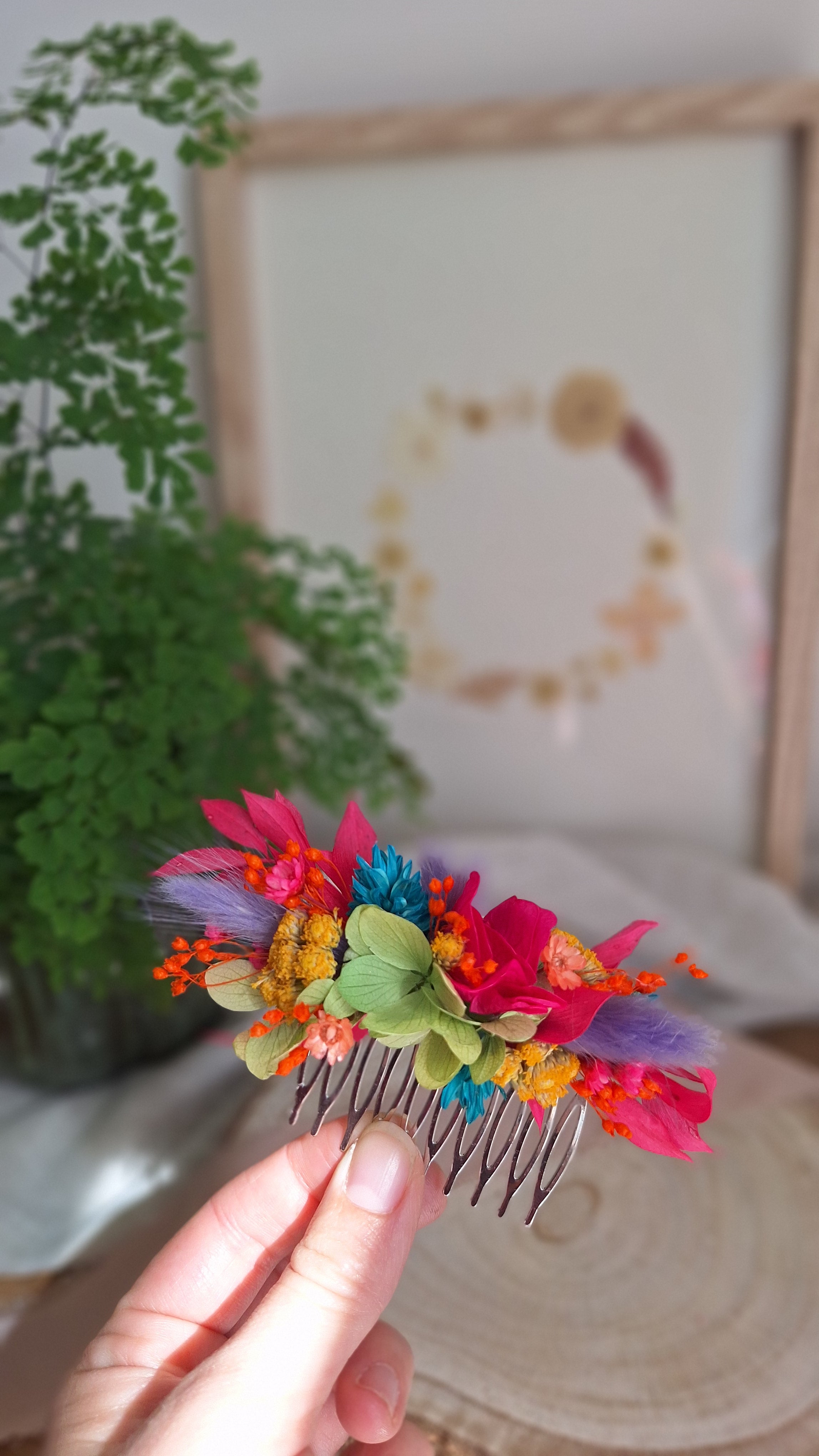 Peigne en fleurs séchées -Multicolore