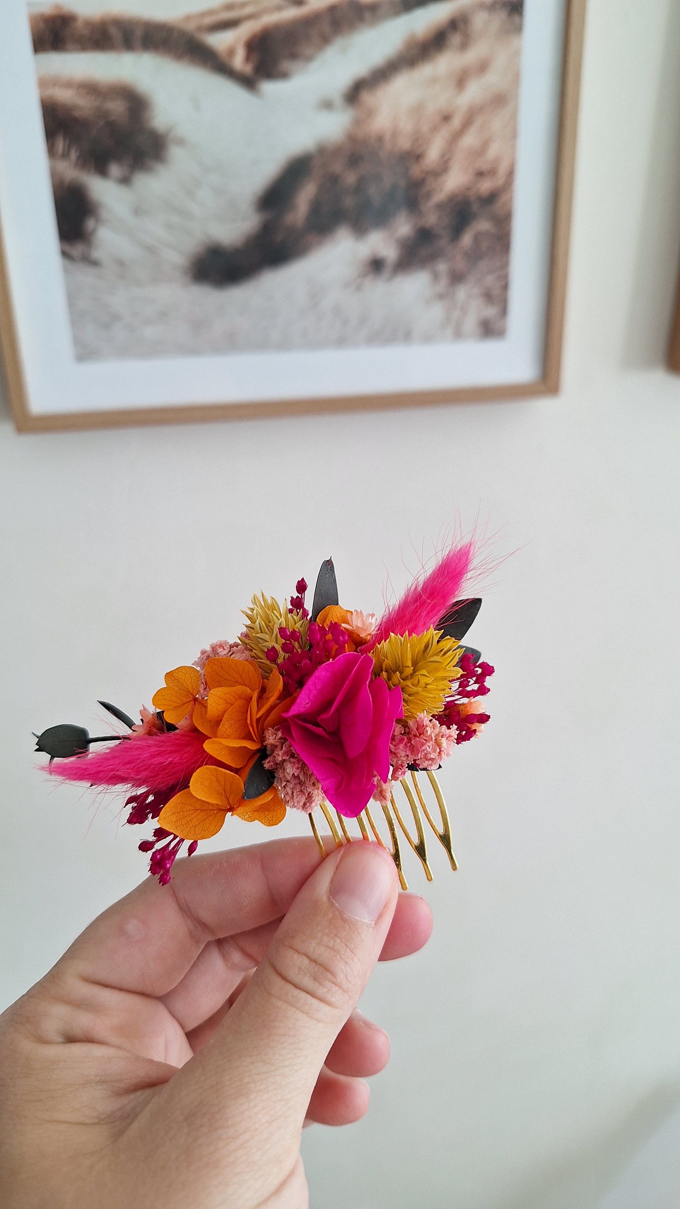 Peigne en fleurs séchées coloré - Mariage Eure et Loir