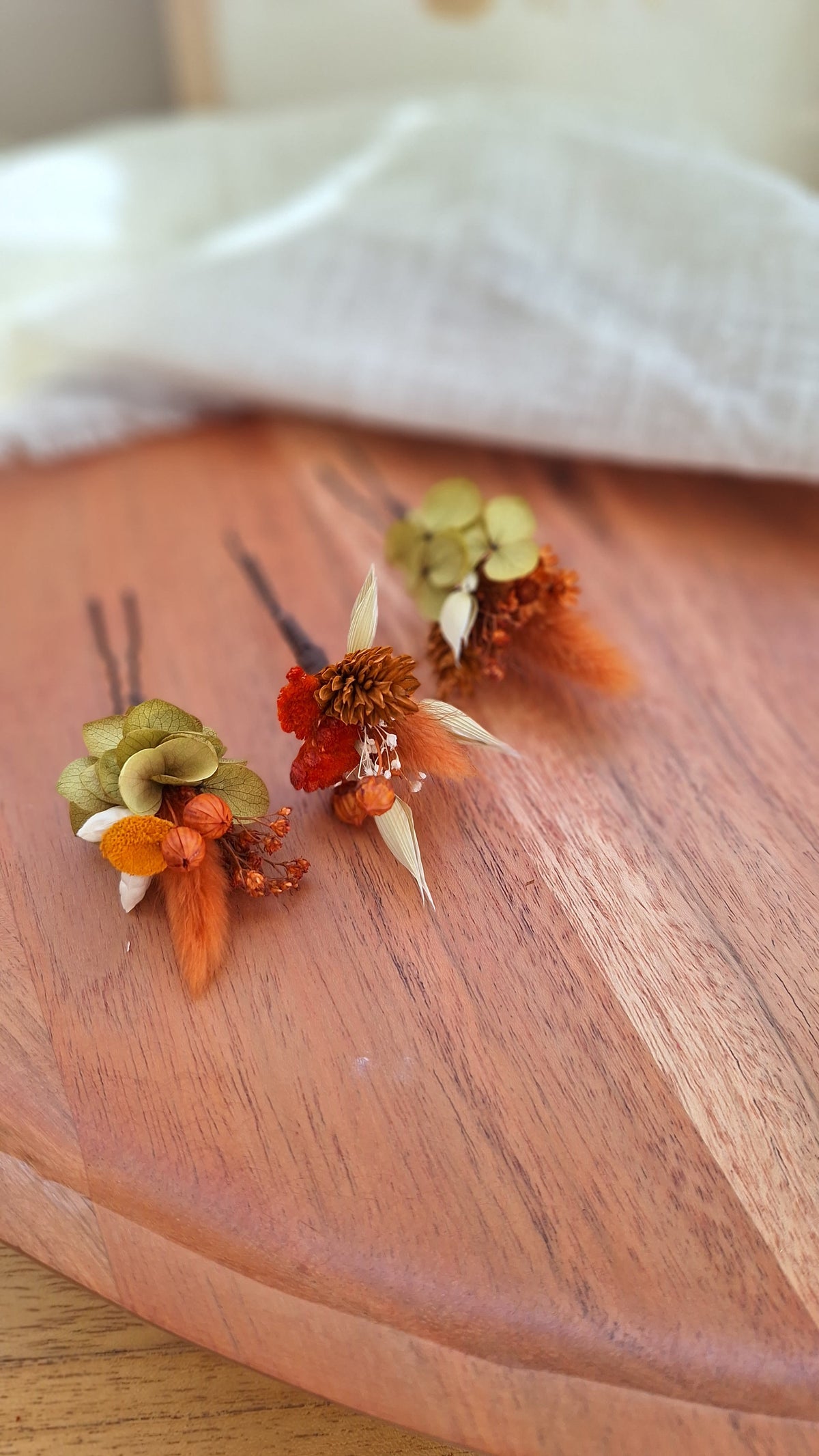 3 Pics à cheveux en fleurs séchées et stabilisée - Noisette
