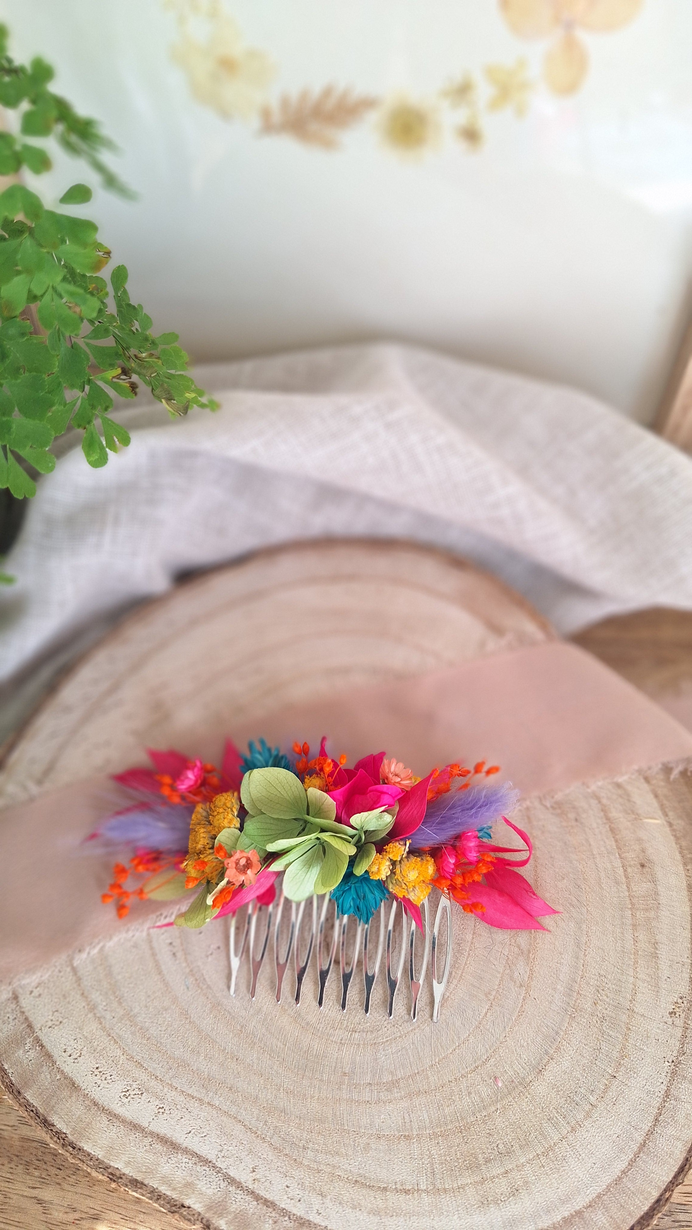 Peigne en fleurs séchées -Multicolore